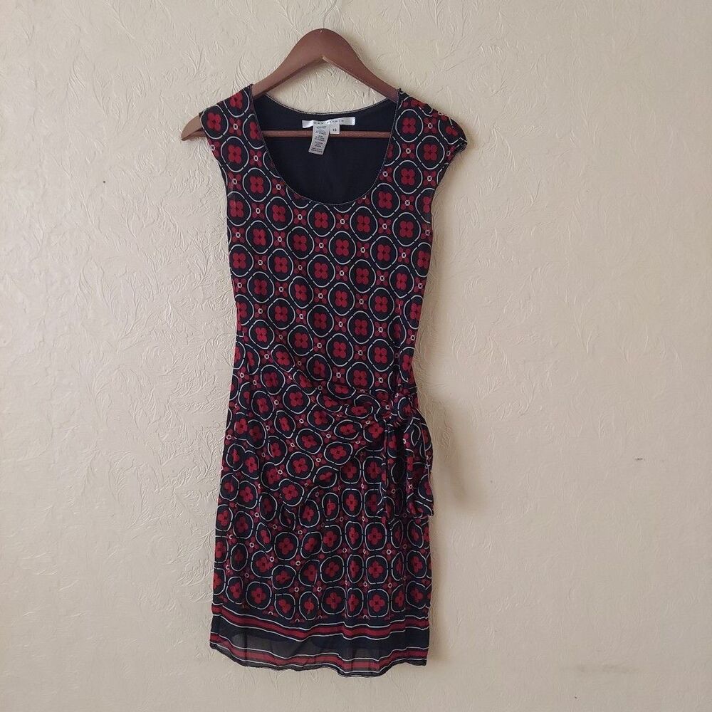 Max Studio Black Red Geometric Floral Stretch Nylon Cap Sleeve Dress Sz XS